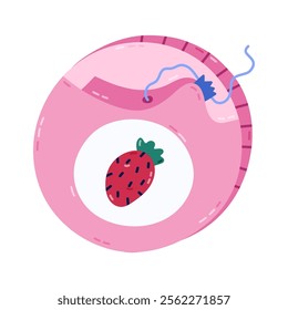 Lovely cartoon dental floss in circle case with strawberry taste. Trendy hand drawn container of teeth string with label for interdental hygiene. Oral care tool clipart isolated on white background.