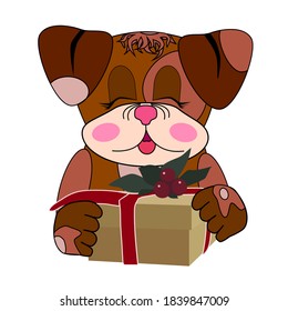 Lovely cartoon dog smiles and holds in paws a gift with red ribbon. Perfect for cards, banners and greetings.