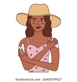Lovely cartoon doodle girl in hat and summertime apparel applying sunscreen on shoulders. Hand drawn line lady protect skin from sunbeam and ultraviolet rays isolated on background. Sunblock concept.