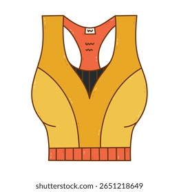 Bonito desenho animado rabiscar mulher esportes sutiã para fitness, ioga, pilates vista frontal. Top de cultura desenhado à mão na moda para apoio durante o atletismo em casa e ginásio. Top sutiã ative wear feminino isolado em branco.
