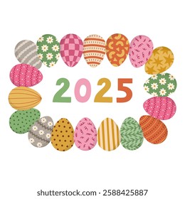 Lovely cartoon Easter 2025 postcard with horizontal rectangle frame with bright patterned eggs and lettering 2025. Vivid border with ornate eggs and hand drawn numbers for poster, social media.