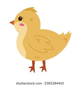 Lovely cartoon Easter baby chick side view. Hand drawn cute little hen or rooster, funny farm bird, poultry. Sign of religious springtime holiday. Seasonal chicken sticker isolated on white.