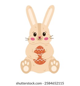 Lovely cartoon Easter bunny with painted egg in the paws sitting and smiling. Cute hand drawn fluffy rabbit as sign of Easter egg hunt at religious springtime holiday. Spring sticker for poster, card.