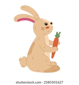 Lovely cartoon Easter bunny side view with carrot in paws and cute fluffy tail. Hand drawn jolly rabbit. Sign of Easter egg hunt at traditional springtime holiday. Seasonal sticker for poster, card.