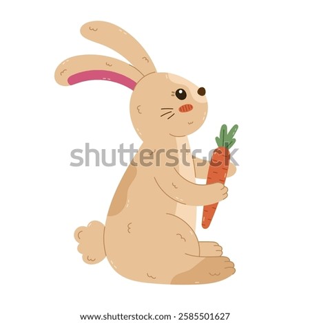 Lovely cartoon Easter bunny side view with carrot in paws and cute fluffy tail. Hand drawn jolly rabbit. Sign of Easter egg hunt at traditional springtime holiday. Seasonal sticker for poster, card.