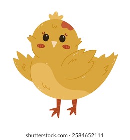 Lovely cartoon Easter chick character waving hello with wings. Cheerful hand drawn baby chicken as symbol of Easter, springtime, nature beginnings. Funny farm bird, poultry isolated on background.