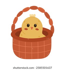 Lovely cartoon Easter chick character sitting in simple basket. Cute hand drawn baby chicken as sign of traditional springtime holiday. Funny farm bird, poultry isolated on white background.