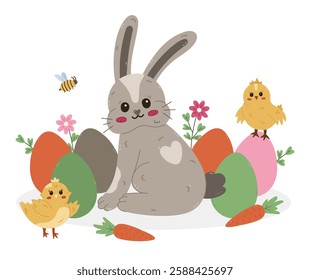 Lovely cartoon Easter concept with fluffy bunny heart fur blob in Easter eggs at meadow with baby chick, bee, carrot. Funny religious springtime holiday illustration for poster, card, design, web.