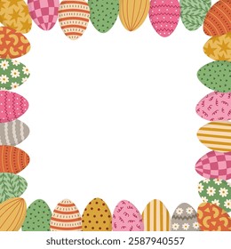 Lovely cartoon Easter eggs frame in bright colors for poster, design, social media. Hand drawn painted eggs with stripes, check, lines, polka dot, swirl pattern. Colourful square border for Easter.