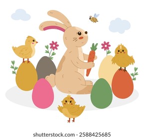 Lovely cartoon Easter illustration with bunny holding carrot with fluffy tail in Easter eggs at lawn with baby chicken, honeybee, cloud. Funny religious springtime concept for poster, social media.