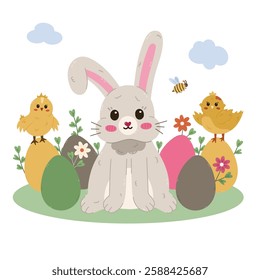 Lovely cartoon Easter illustration with smiling bunny with bent down ear in Easter eggs at lawn with chick, bee, flowers, cloud. Funny religious springtime holiday layout for poster, card, design.