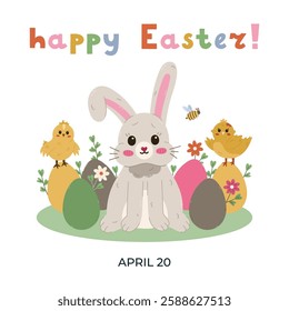 Lovely cartoon Easter postcard illustration with smiling bunny with bent down ear in Easter eggs at lawn, chick, bee and hand drawn lettering. Funny holiday poster for religious springtime carnival.