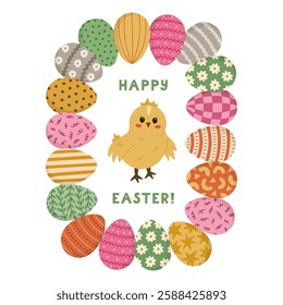 Lovely cartoon Easter postcard with vertical rectangle frame with painted eggs, cute baby chick and lettering Happy Easter. Vivid border with ornate eggs and chicken clipart for poster, social media.