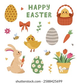 Lovely cartoon Easter set with bunny with carrot in paws, chick waving wings, ornate eggs with wavy stripes, polka dot, tulips, basket with baby chicken. Happy Easter egg hunt clipart collection.