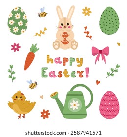 Lovely cartoon Easter set with fluffy sitting bunny, chick waving wings, painted eggs with ornament, watering can, bow, lettering. Happy Easter egg hunt clipart pack isolated on white background.