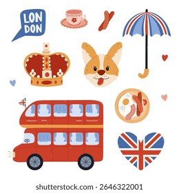 Lovely cartoon England set with popular landmarks, nostalgic symbols of UK. Childish hand drawn touristic double decker bus, umbrella, heart with Union Jack, queen crown isolated on background.