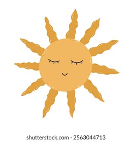 Lovely cartoon esoteric sun with face with closed eyes and wavy rays. Hand drawn tarot, Sun of May and Argentine symbol. Colorful mystical and magic clipart isolated on white for tattoo, design, web.