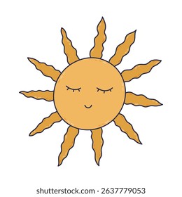 Lovely cartoon esoteric sun with face with closed eyes and wavy rays. Hand drawn outline tarot, Sun of May and Argentine symbol. Colorful mystical and magic clipart isolated for tattoo, design, web.