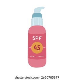 Lovely cartoon facial sunscreen with SPF 45 for skincare, sunlight protection. Trendy hand drawn cream with pump against ultraviolet rays. Protective cosmetic product isolated on white background.