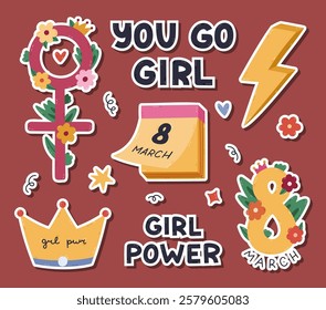 Lovely cartoon Girl Power sticker set for International Womens Day for planners, notebooks. Ready for print list of cute stickers with feminism movement clipart, calendar, inspirational lettering.