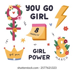 Lovely cartoon Girl Power symbols for International Women Day. Women solidarity, community, support concept with hand drawn clipart and lettering. Princess crown, number 8, calendar, gender symbol.