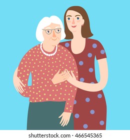 Lovely cartoon grandmother and young woman hugging each other. Family and relationships vector illustration for your design.