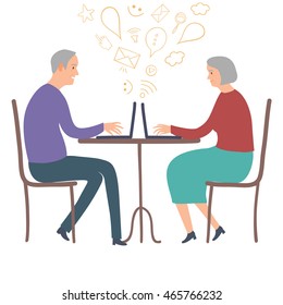 Lovely cartoon grandparents using laptop. Vector illustration for your design.