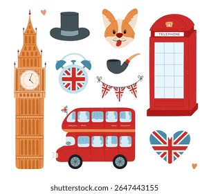 Caricatura adorável Grã-Bretanha com marcos nacionais, símbolos culturais da Inglaterra. Engraçado mão desenhado ônibus de dois andares para turismo, caixa de chamadas pública, Big Ben, cão corgi isolado no fundo