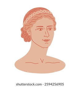 Lovely cartoon Greek sculpture of goddess bust. Hand drawn antique silhouette of young woman in colors and line. Ancient classical head female statue from marble. Trendy clipart of Roman heritage.