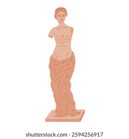 Lovely cartoon Greek sculpture of goddess Aphrodite or Venus without hands. Hand drawn ruined antique figure of mythology woman in colors and line. Ancient classical female statue from marble.