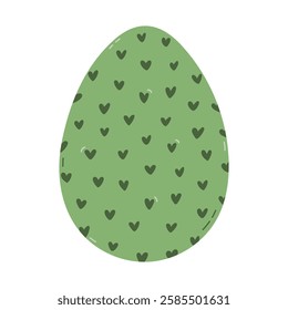 Lovely cartoon green painted egg with heart pattern for Easter egg hunt. Trendy hand drawn clipart for celebrating religious springtime holiday. Adorable flat doodle isolated on white background.