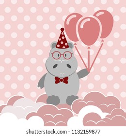 
lovely cartoon greeting card for the holiday birthday or St. Valentine's Day with the animal hippopotamus gray with a bow and cap and 
balloons in the paws on a pink background in 
in  glasses
