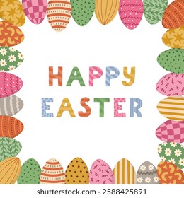 Lovely cartoon Happy Easter postcard with Easter eggs square frame and patterned lettering in bright colors. Colourful square border with painted eggs and typography for poster, design, social media.