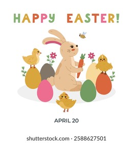 Lovely cartoon Happy Easter postcard with bold lettering and cute illustration of bunny holding carrot with fluffy tail in Easter eggs at lawn. Funny holiday poster for religious springtime carnival.