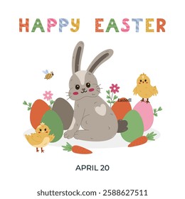 Lovely cartoon Happy Easter poster illustration with fluffy bunny in Easter eggs at meadow with baby chick, bee and hand drawn lettering. Funny holiday poster for religious springtime carnival.