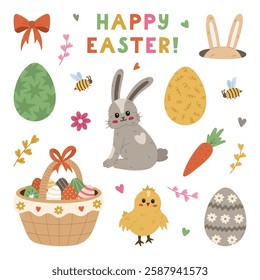 Lovely cartoon Happy Easter set with Easter bunny back view, cute baby chick, holiday basket full of painted patterned eggs, rabbit ear hiding in hole. Easter egg hunt clipart pack isolated on white.