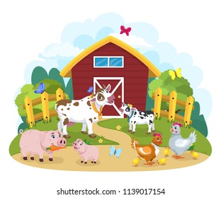 Lovely cartoon and happy farm animals. Chicken with chickens, cow with calf, pig with piglet, against nature background, farm and forest, illustrated illustration. A smiling character.