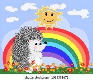 Lovely cartoon hedgehog near the seven-colored rainbow in a clear, sunny cheer, a summer day