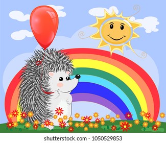 Lovely cartoon hedgehog near the seven-colored rainbow in a clear, sunny cheer, a summer day