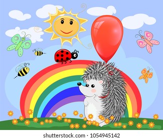 Lovely cartoon hedgehog near the seven-colored rainbow in a clear, sunny cheer, a summer day