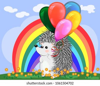 Lovely cartoon hedgehog near the seven-colored rainbow in a clear, sunny cheer, a summer day