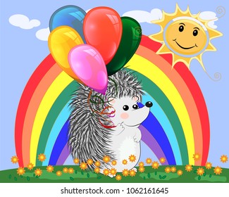 Lovely cartoon hedgehog near the seven-colored rainbow in a clear, sunny cheer, a summer day