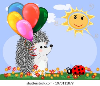 Lovely cartoon hedgehog near the seven-colored rainbow in a clear, sunny cheer, a summer day