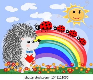 Lovely cartoon hedgehog near the seven-colored rainbow in a clear, sunny cheer, a summer day