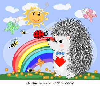 Lovely cartoon hedgehog near the seven-colored rainbow in a clear, sunny cheer, a summer day
