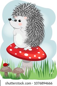 Lovely Cartoon hedgehog sits on a fly agaric mushroom, baby card
