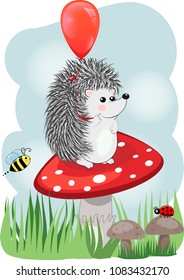 Lovely Cartoon hedgehog sits on a fly agaric mushroom, baby card
