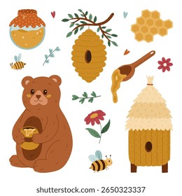 Lovely cartoon honey set with cheering teddy bear, wooden spoon with flowing nectar, hives, honeycomb. Kids hand drawn clipart collection about eco sweets isolated on white background.