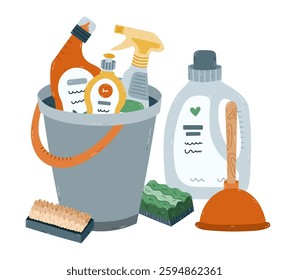 Lovely cartoon housework concept illustration with bucket and different detergent products, liquids, rubber toilet plunger, scrubbing brushes. Funny clipart composition for website, poster, media.