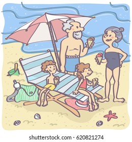 Lovely cartoon illustration with grandparents and grandchildren on the beach, eating ice cream